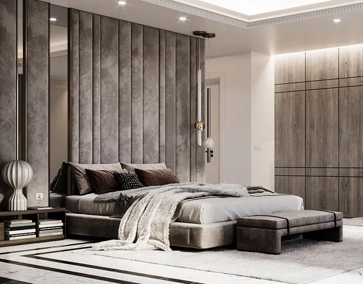 A bedroom with a custom bed and headboard